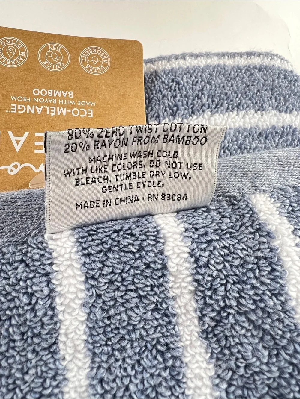 Common Thread Bath Towels Bamboo Blue White Wide Stripe Cotton 2 Pc Set NEW